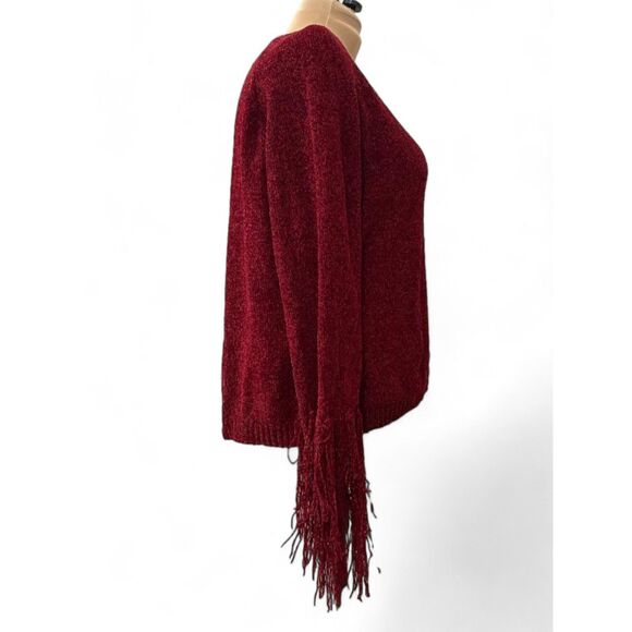 L&B Lucky & Blessed Soft V-Neck Maroon Sweater with Fringe on Sleeves, Size 3X - Picture 4 of 10